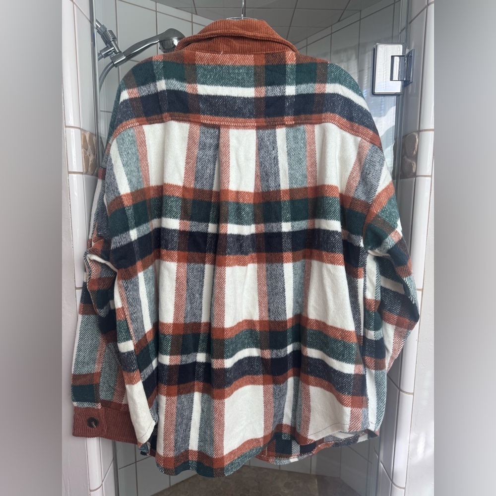 GeeGee Navy Rust and Cream Plaid Button-Up Jacket with Corduroy Collar large - Picture 4 of 4